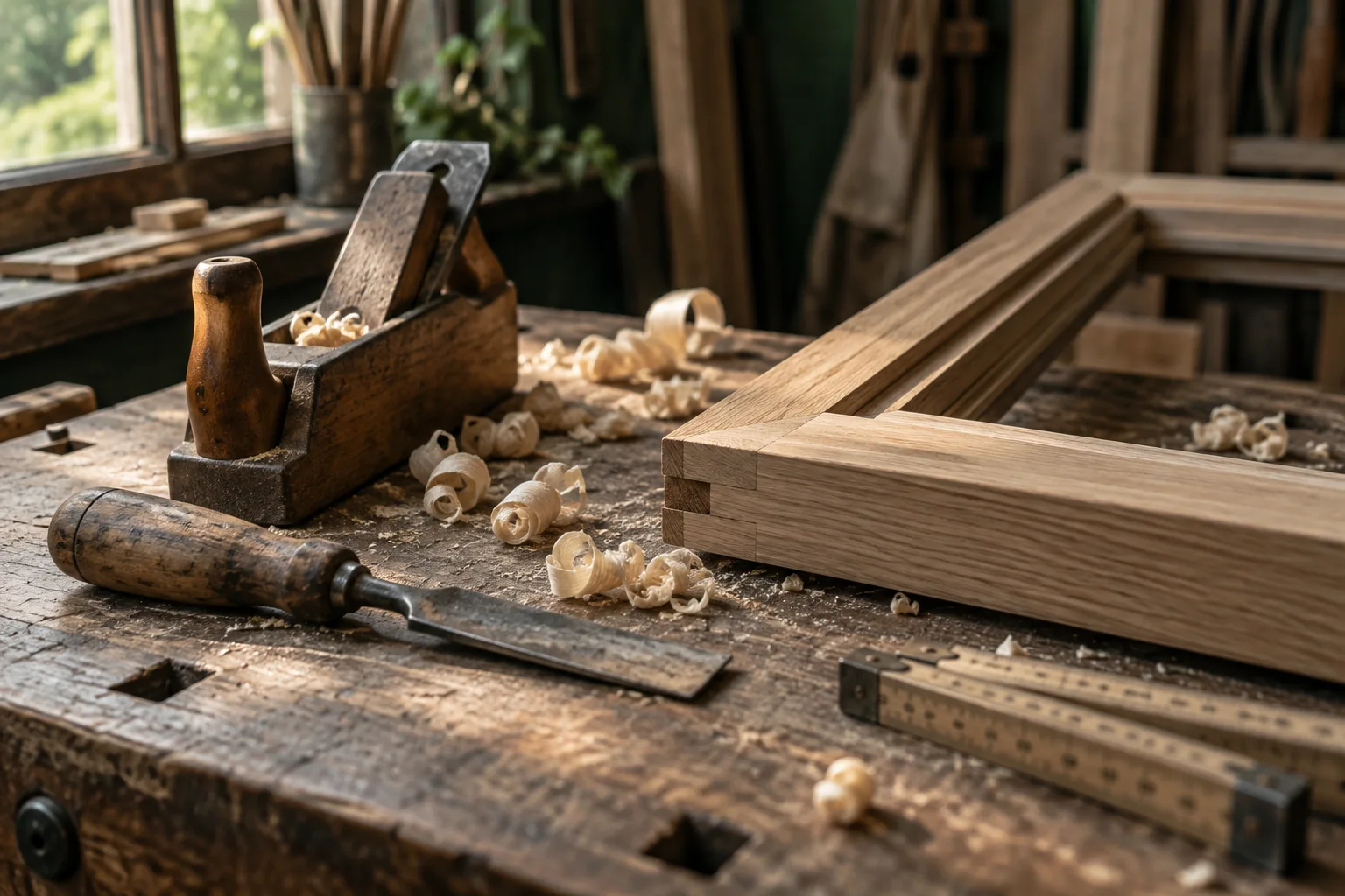 Schreinerwerkbank mit Holz, Werkzeugen und Fensterbauteilen